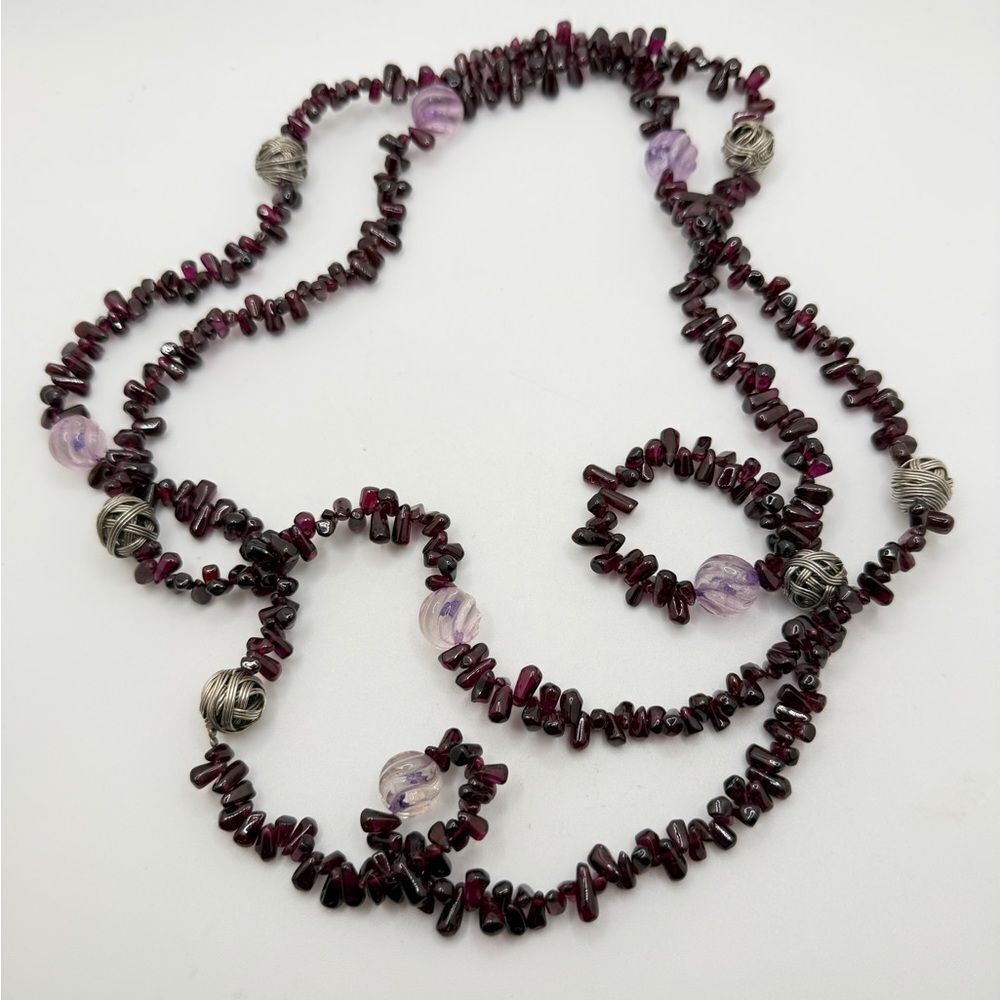 50" of all Garnet, carved 11mm amethyst beads, and sterling silver necklace!